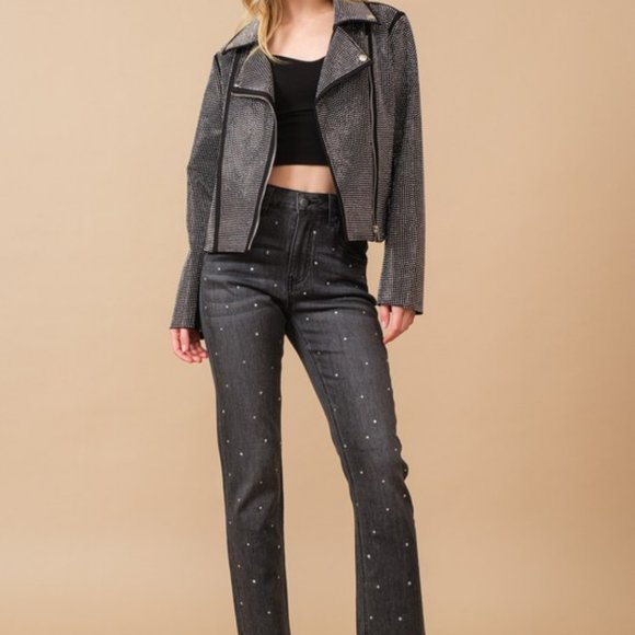 new CRYSTAL STUDDED MOTO CROPPED jacket biker Harley rocker concert (2-COLORS) - Picture 4 of 14